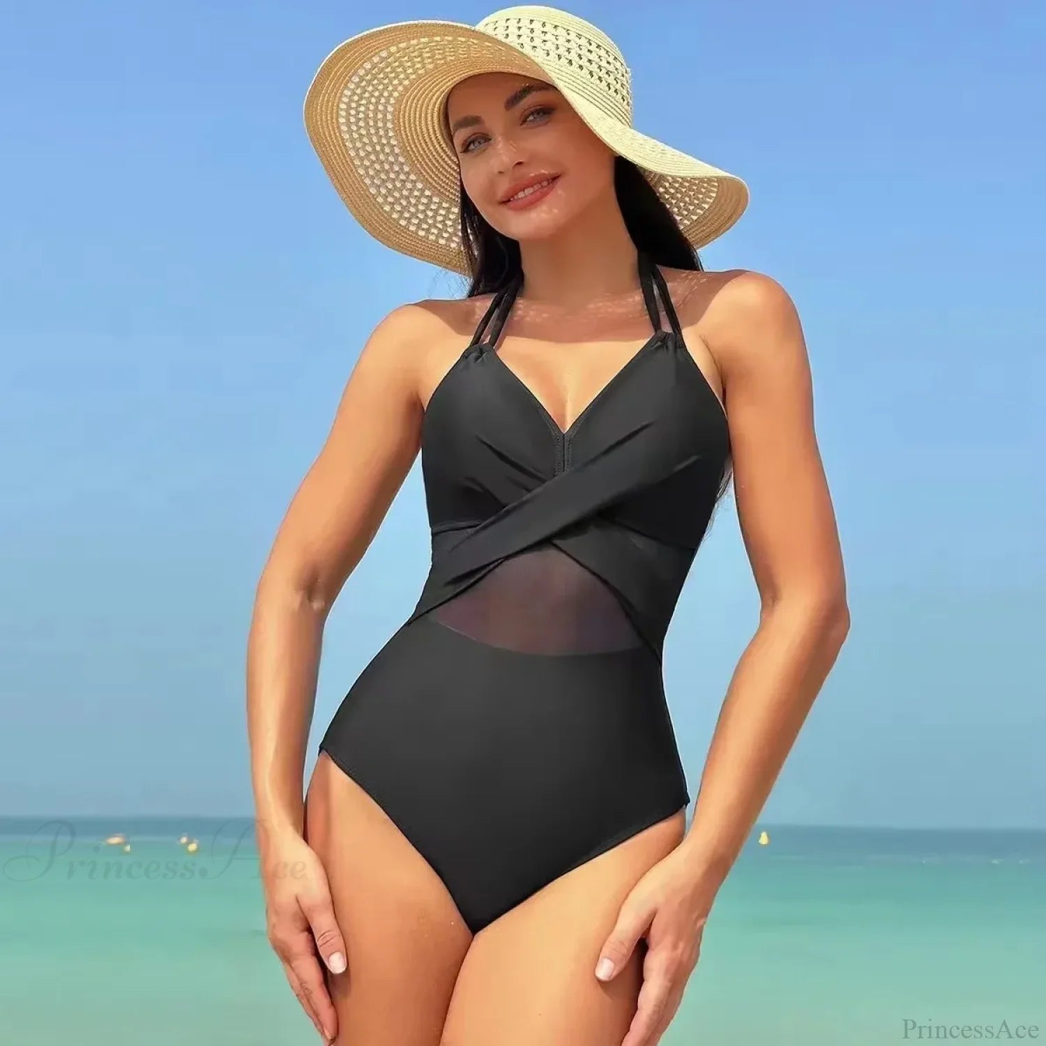 Solid Mesh V-neck One Piece Set