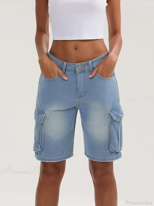 Solid Mid Rise Button Denim Short SKY BLUE / S short-250223