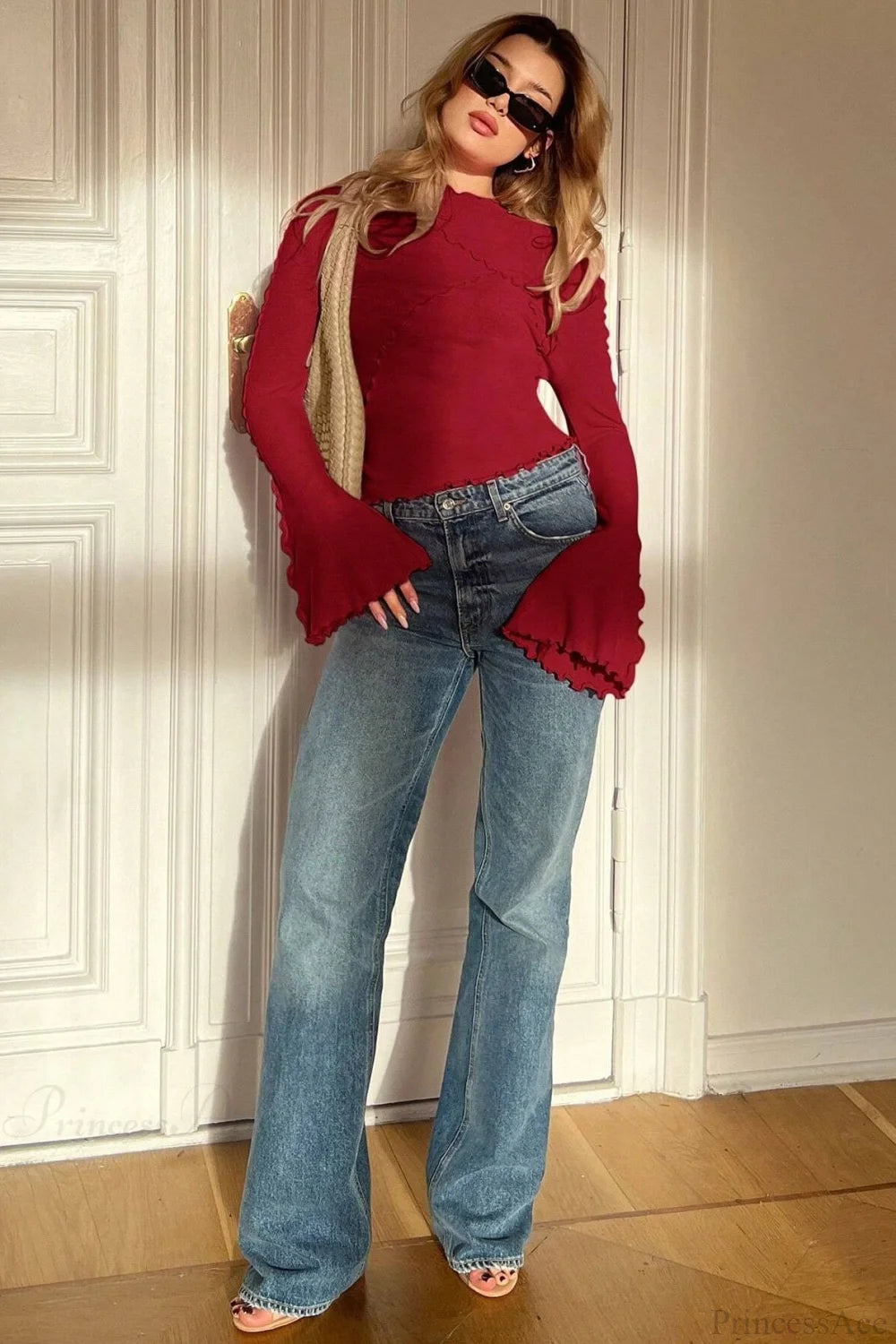 Solid Mock Neck Paneled Ruffled Long Sleeve Tee