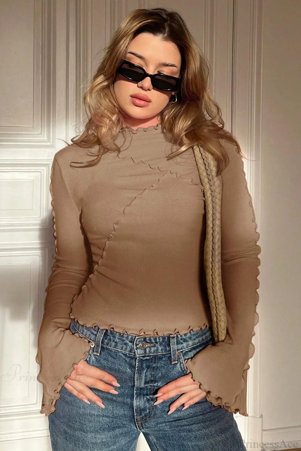 Solid Mock Neck Paneled Ruffled Long Sleeve Tee