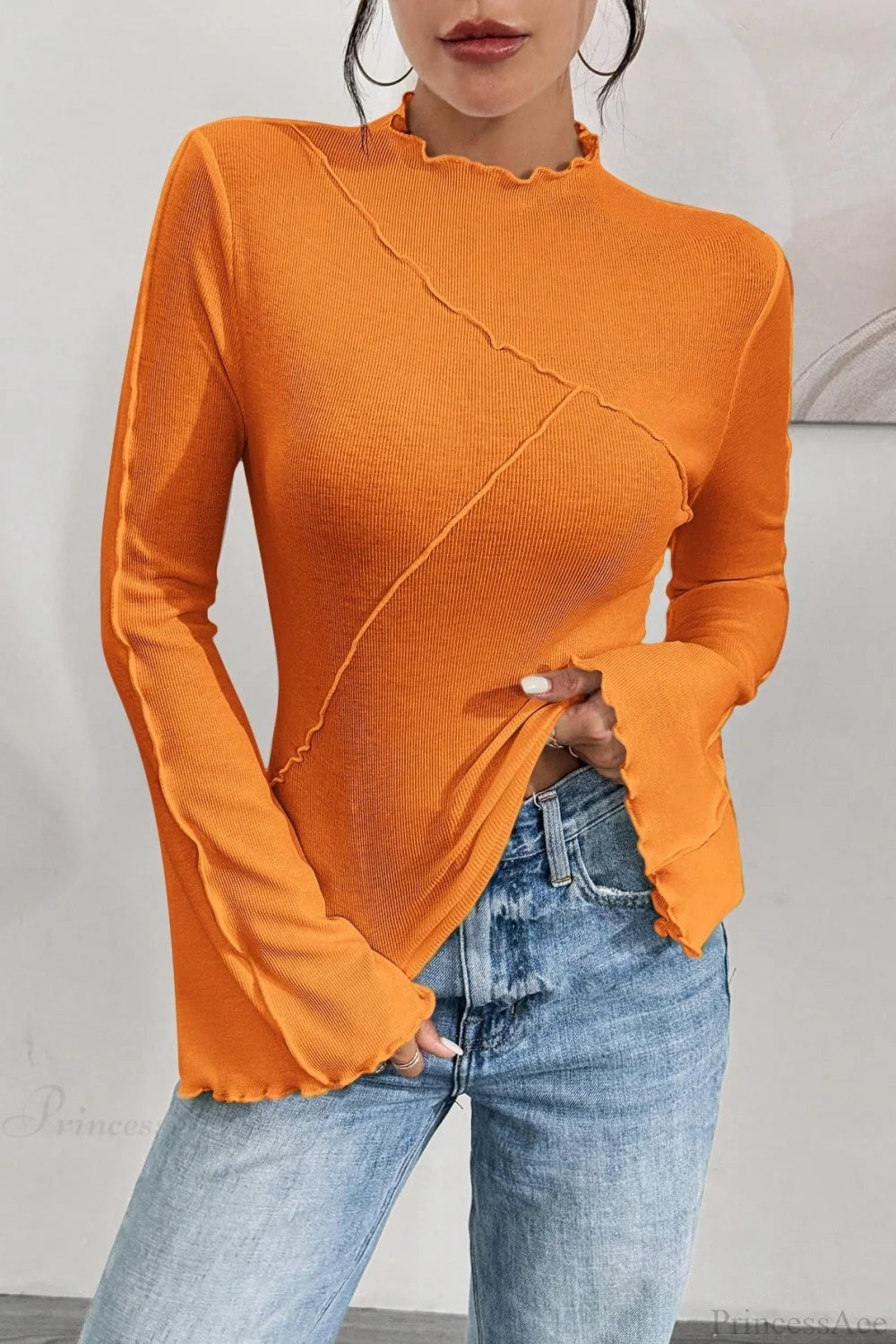 Solid Mock Neck Paneled Ruffled Long Sleeve Tee