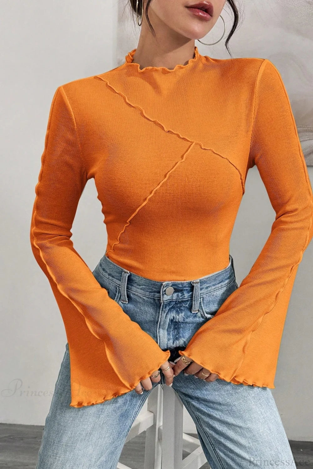 Solid Mock Neck Paneled Ruffled Long Sleeve Tee Orange / S