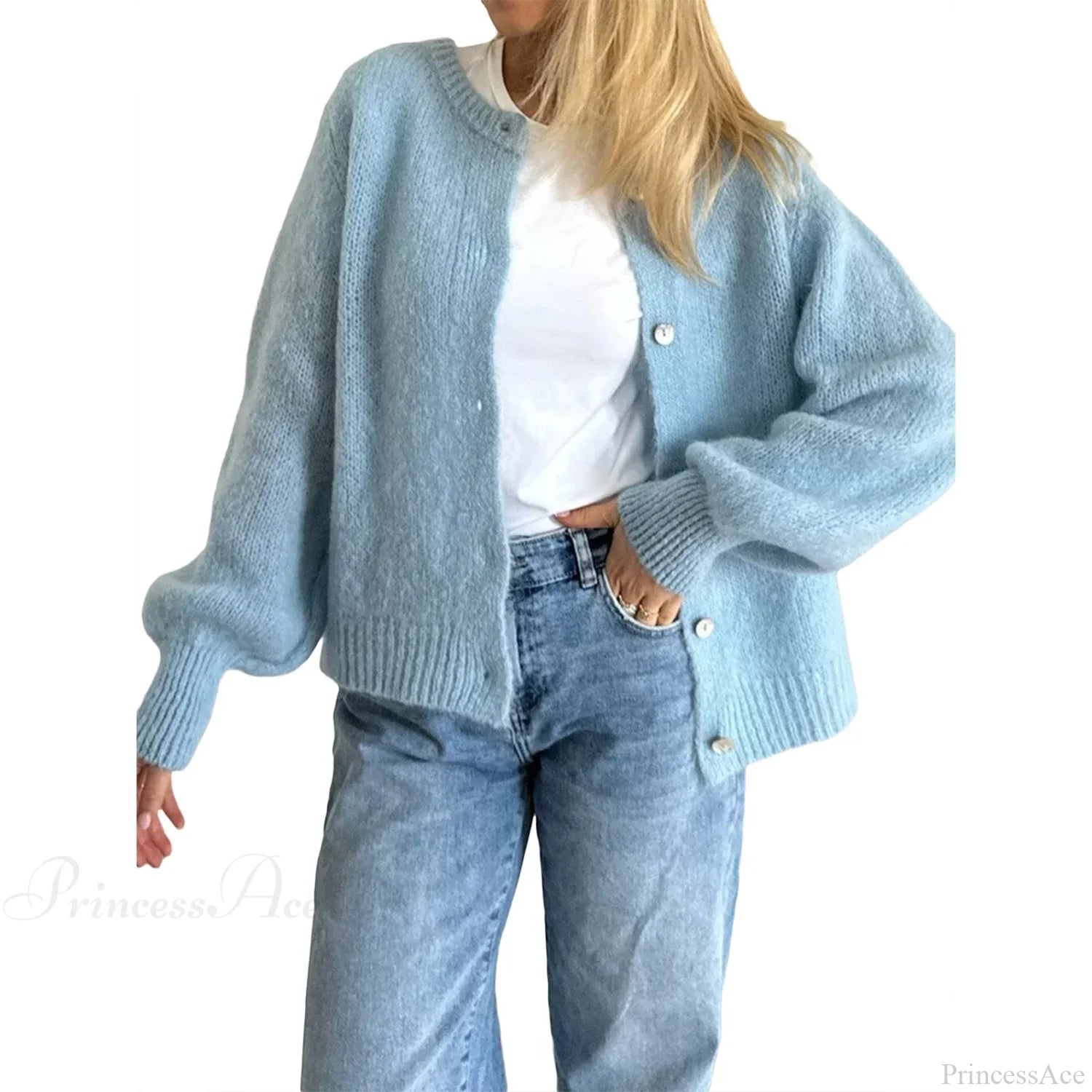 Solid O-neck Cropped Knitted Cardigan blue / S
