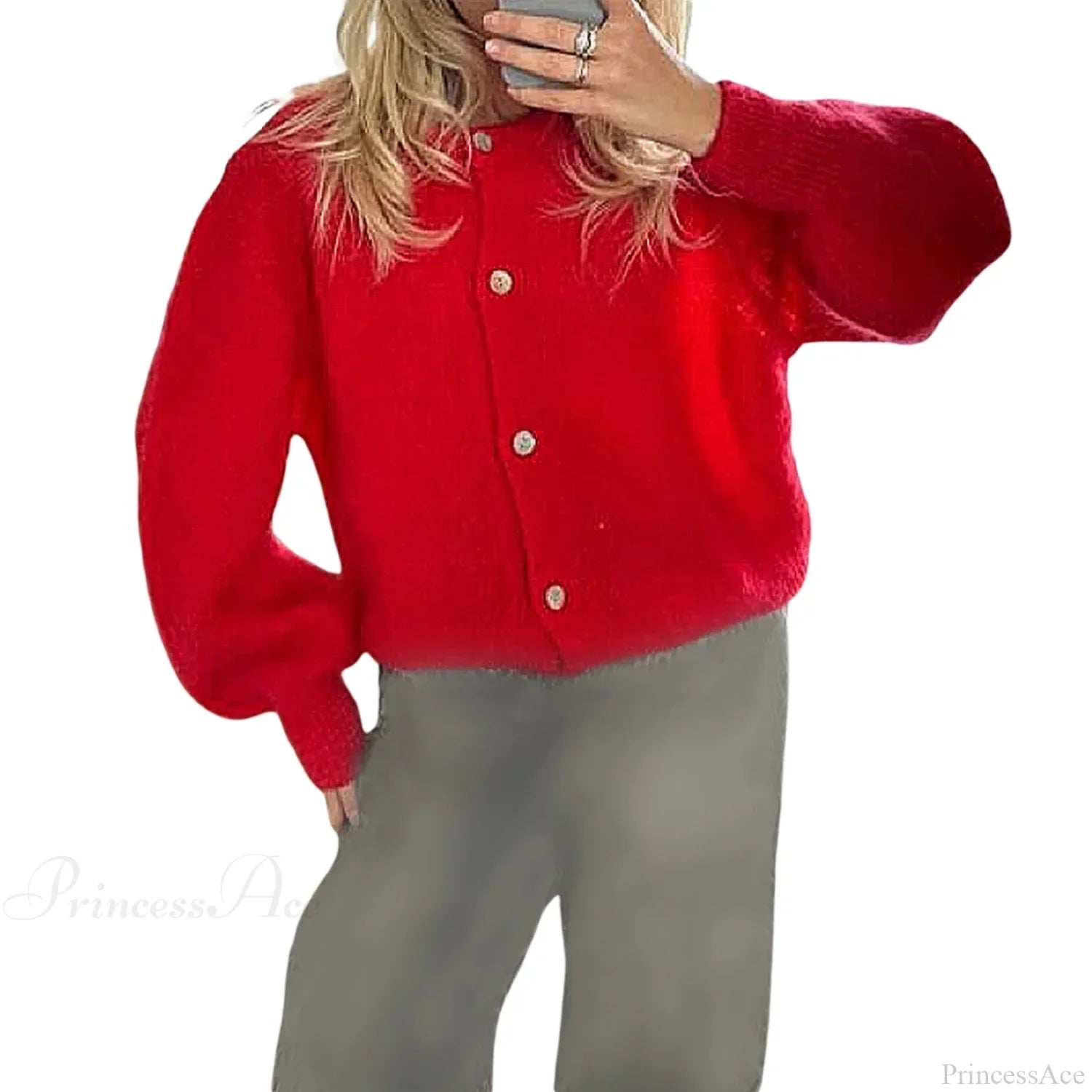 Solid O-neck Cropped Knitted Cardigan red / S