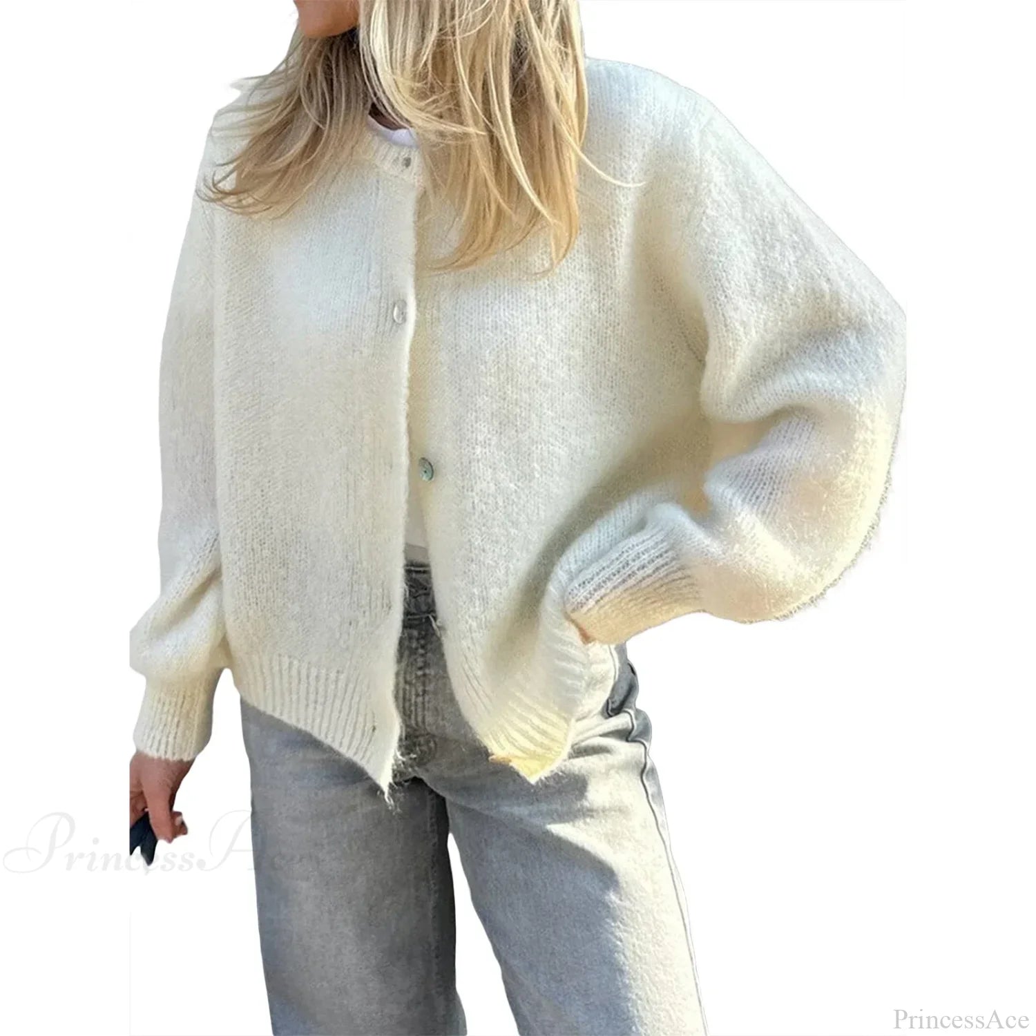 Solid O-neck Cropped Knitted Cardigan white / S