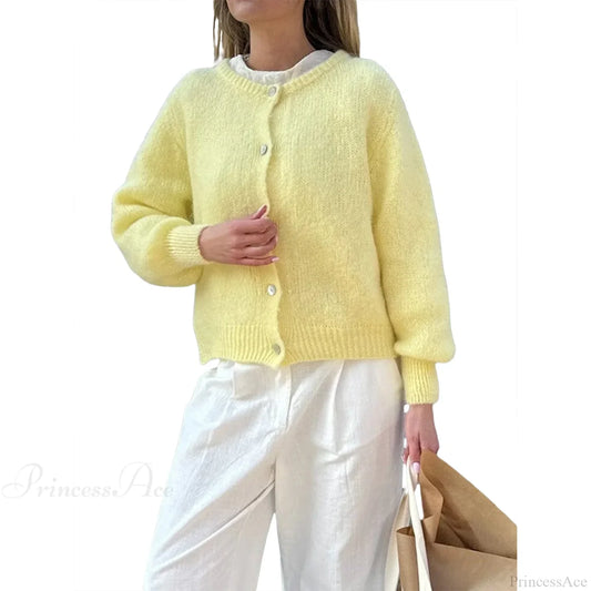 Solid O-neck Cropped Knitted Cardigan yellow / S