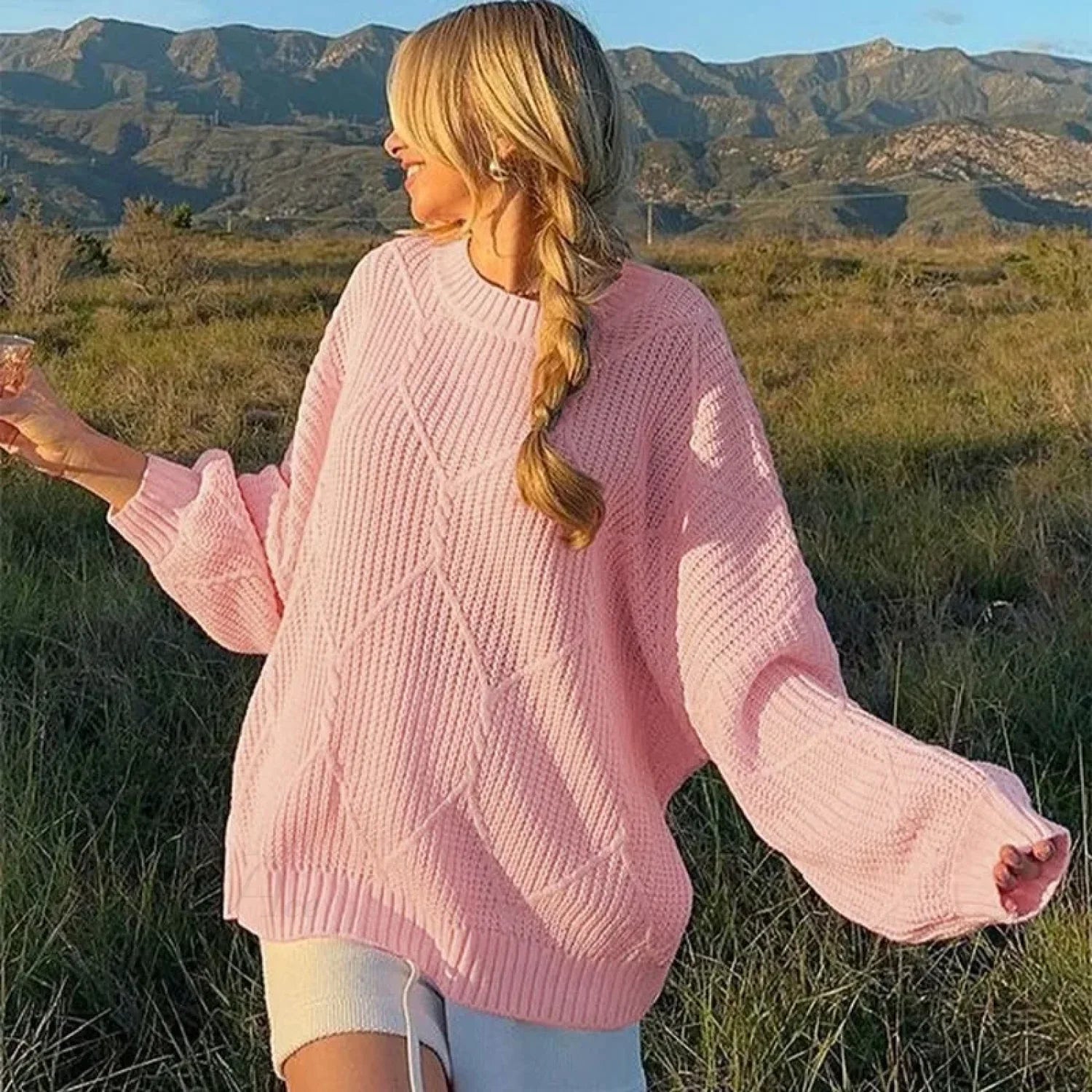 Solid O-Neck Ribbed Long Sleeve Sweater