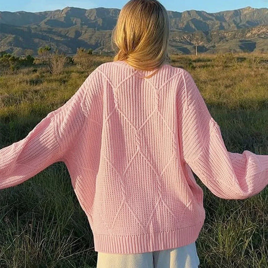 Solid O-Neck Ribbed Long Sleeve Sweater Pink / S
