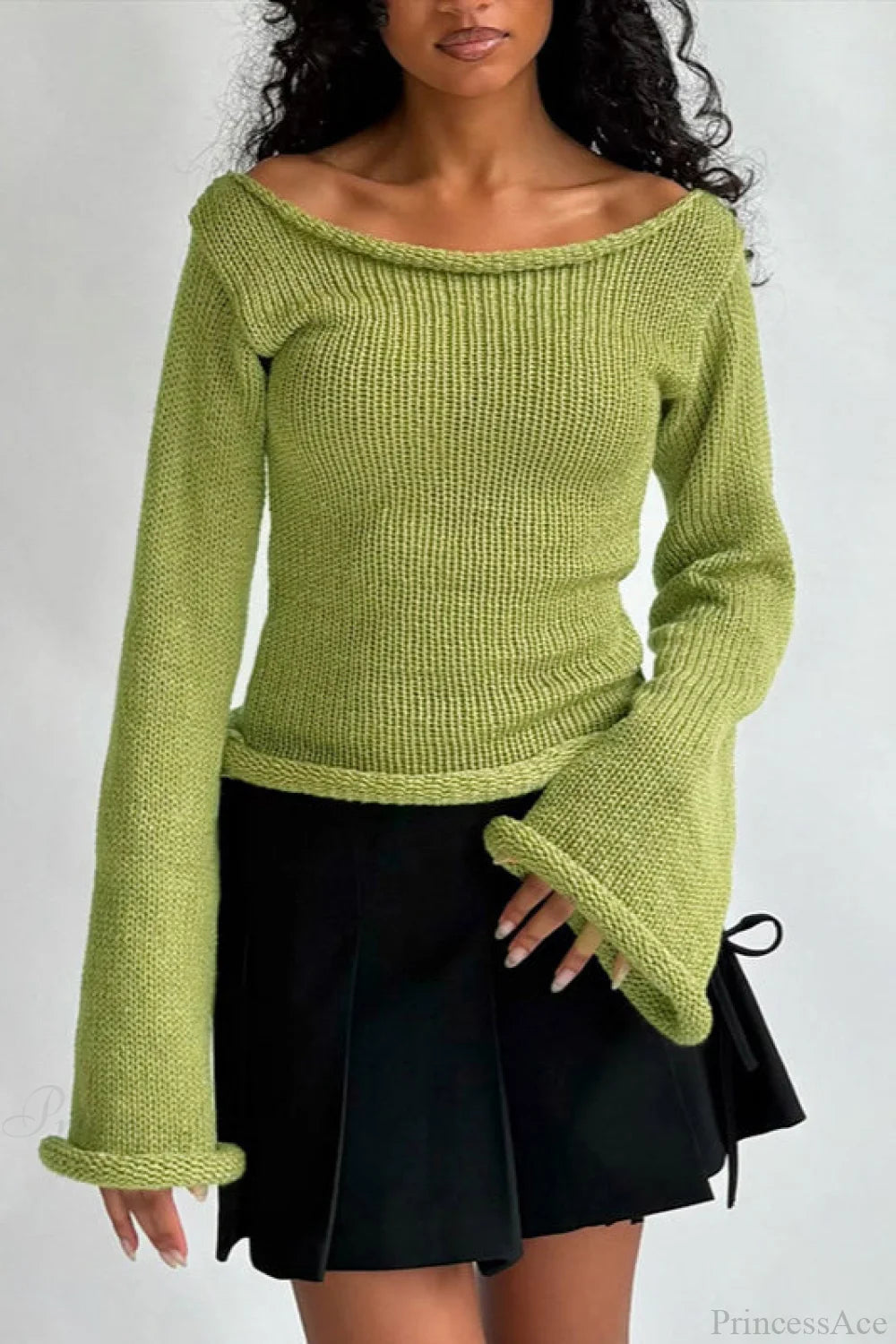 Solid Off Shoulder Rolled Edge Loose Knit Sweater Green / S
