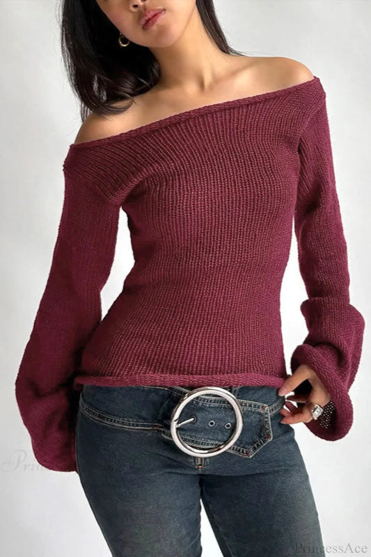 Solid Off Shoulder Rolled Edge Loose Knit Sweater Red / S