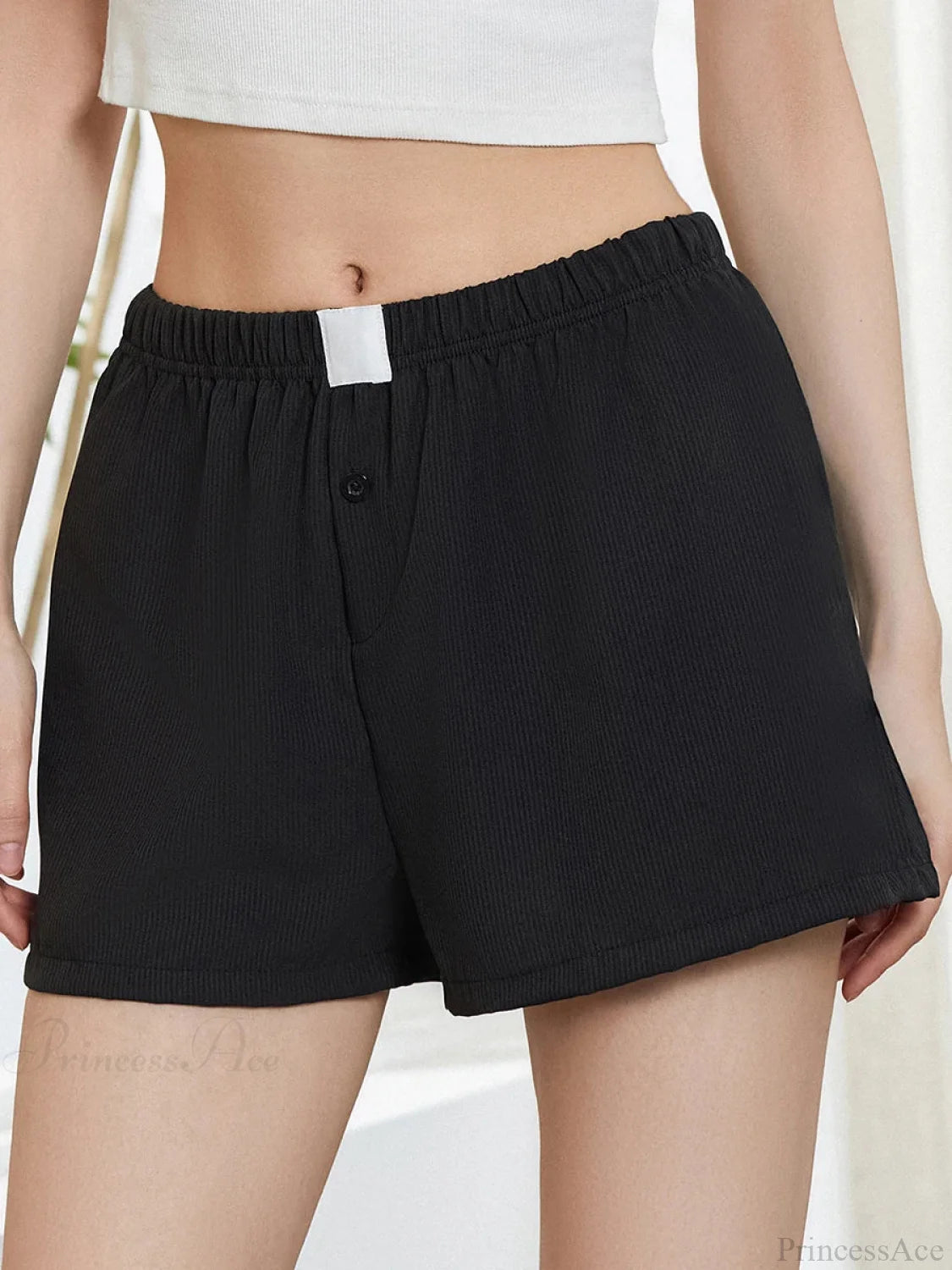 Solid Plaid Elastic Waist Short short-250223