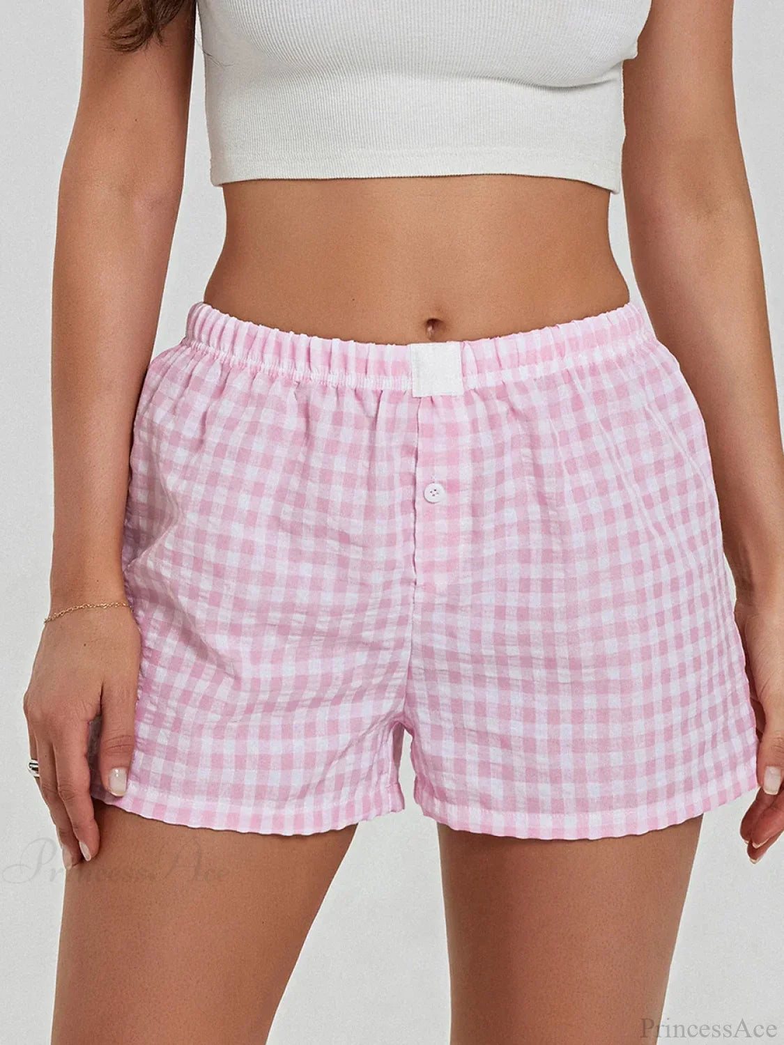 Solid Plaid Elastic Waist Short pink / S short-250223