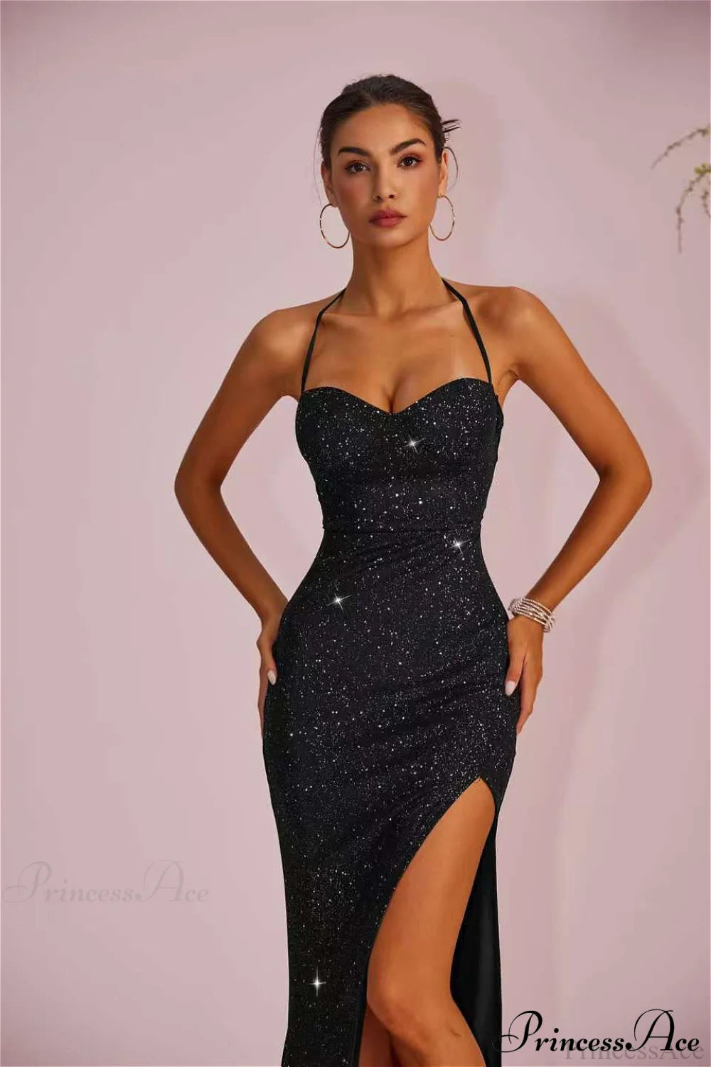 Solid Plunging Backless Slit Fitted Maxi Party Dress