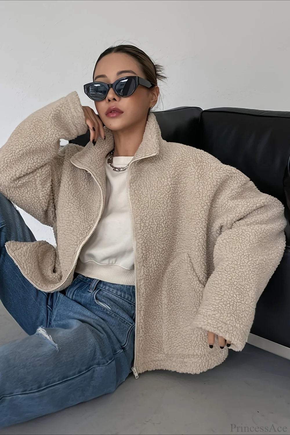 Solid Relaxed Shearling High Neck Jacket