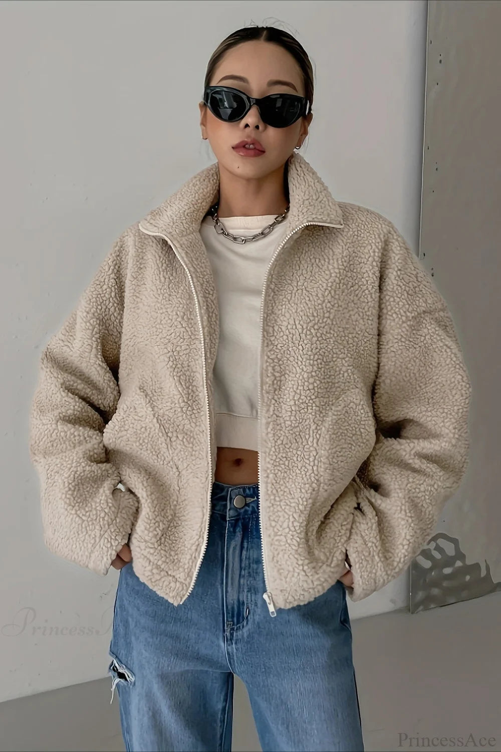 Solid Relaxed Shearling High Neck Jacket