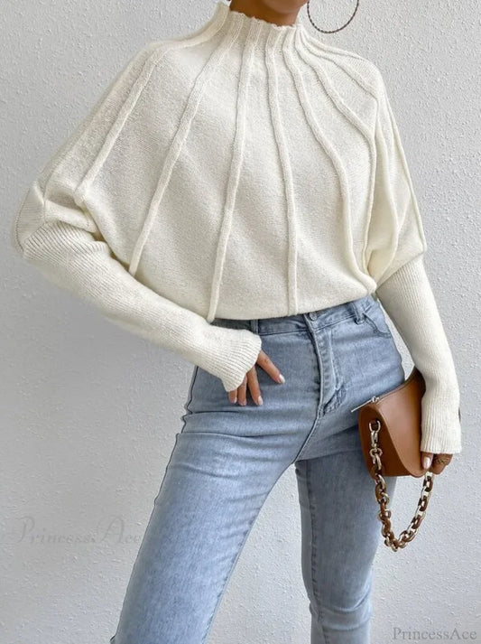Solid Round Neck Batball Sleeve Loose Sweater Creamy-white / S