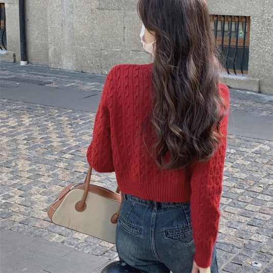 Solid Round Neck Single Breasted 2000s Style Knit Cardigan cardiagn-250126