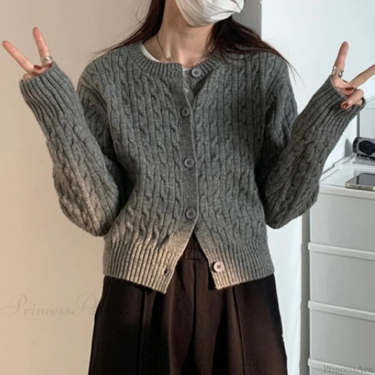 Solid Round Neck Single Breasted 2000s Style Knit Cardigan gray / One Size cardiagn-250126
