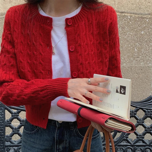 Solid Round Neck Single Breasted 2000s Style Knit Cardigan red / One Size cardiagn-250126