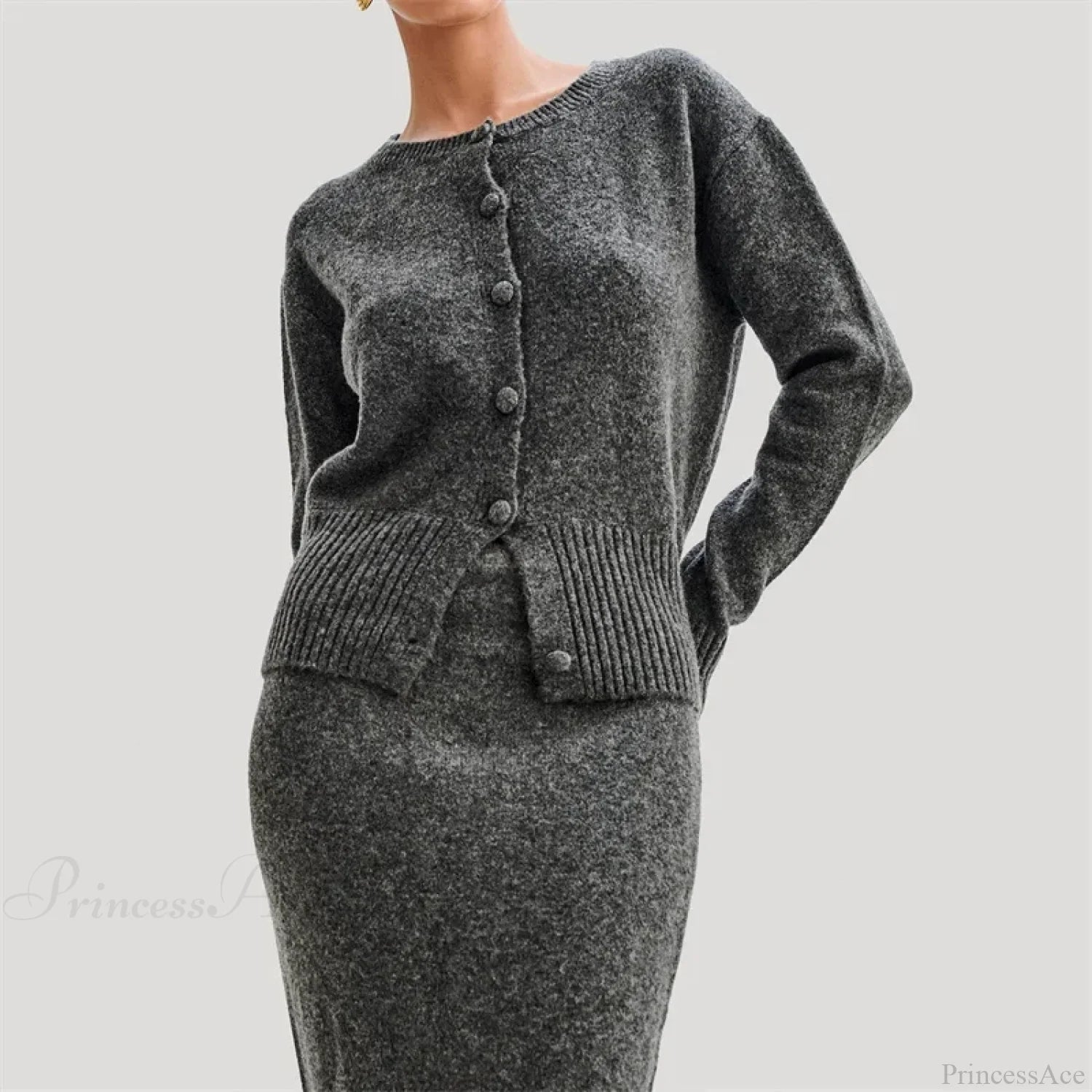 Solid Round Neck Single Breasted Y2K Style Knit Cardigan GRAY / S cardiagn-250126