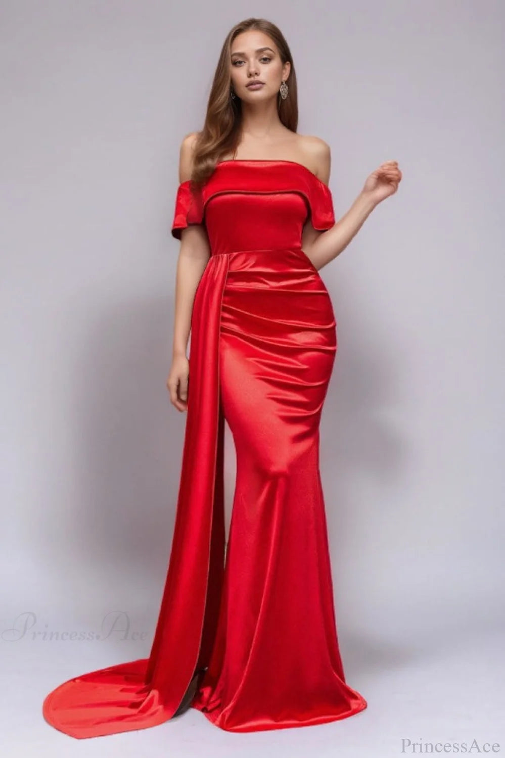 Solid Satin Off-the-Shoulder High Waist Mermaid Wedding Dress Red / XS