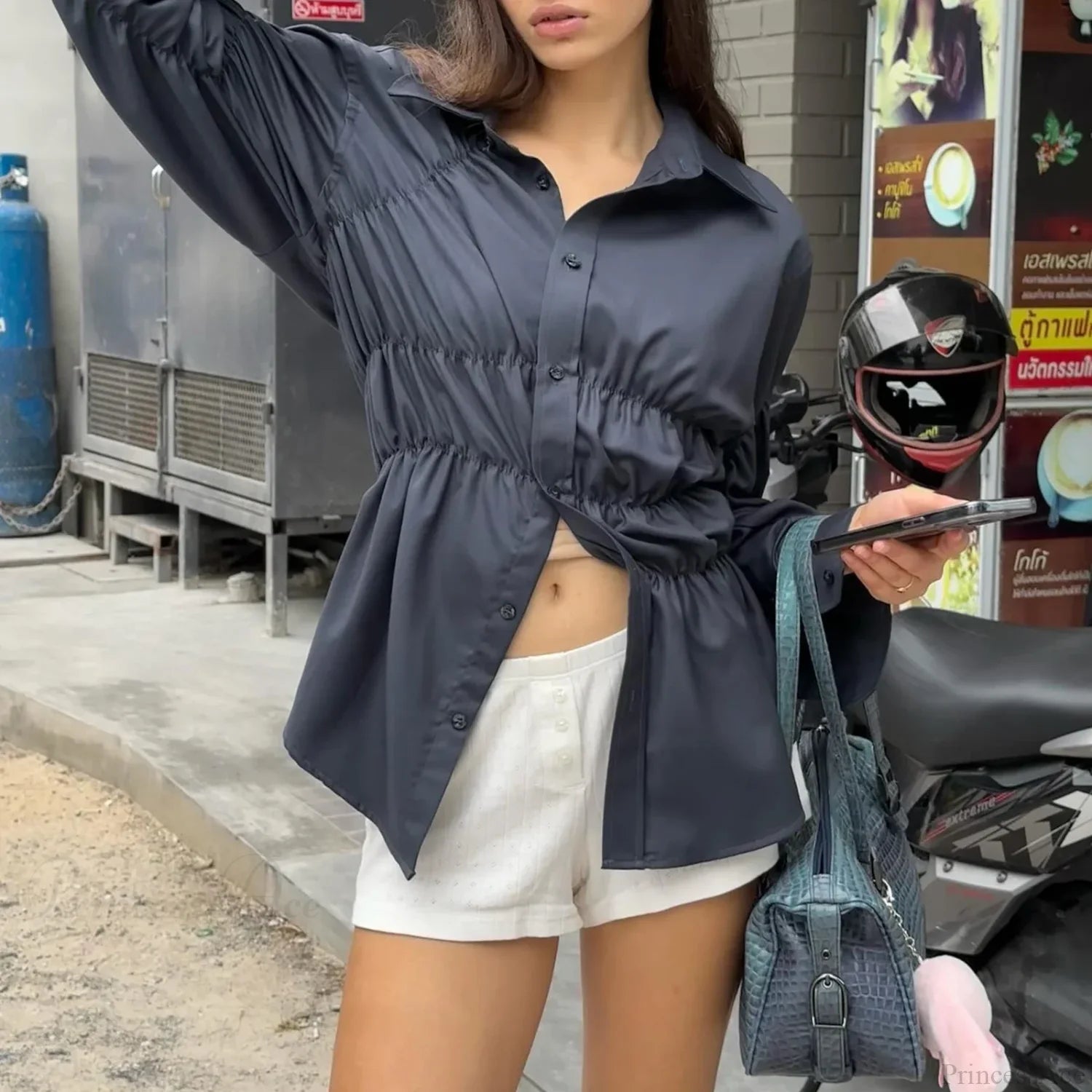 Solid Scrunched Collar Blouse Navy Blue / S blouse-250223