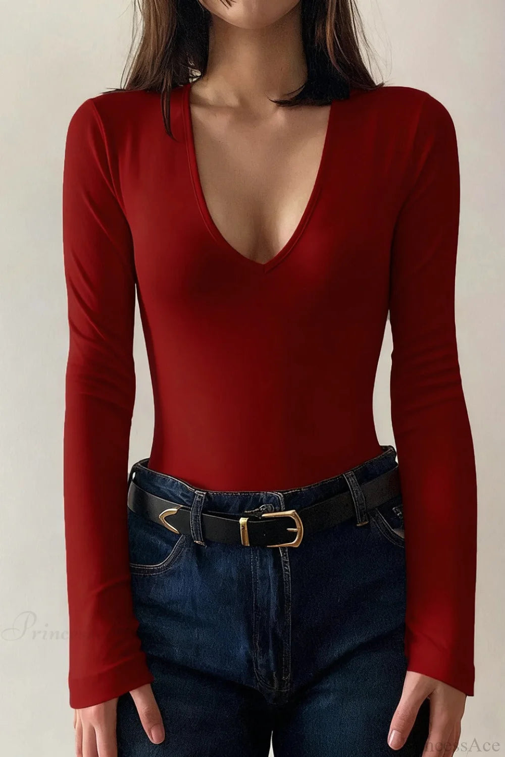 Solid Sexy V-Neck Slim Long Sleeve Tee