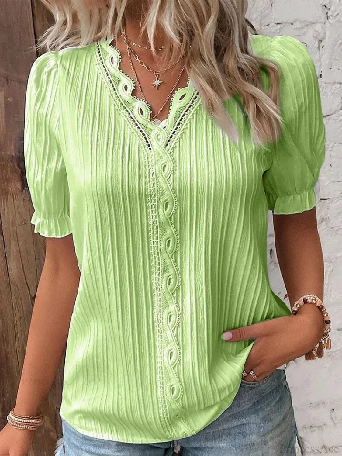 Solid Sexy V-neck Splice Short Sleeve Blouse blouse-250126