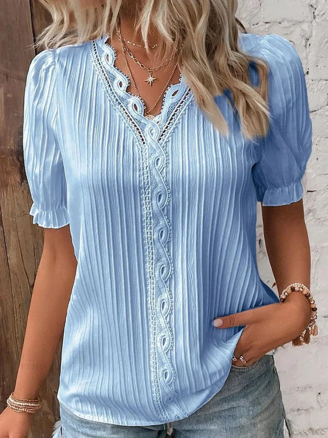 Solid Sexy V-neck Splice Short Sleeve Blouse blouse-250126