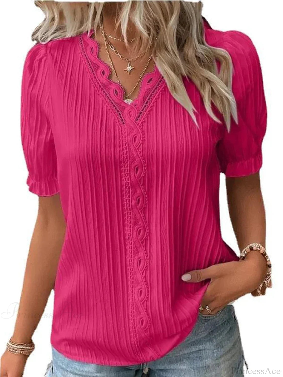 Solid Sexy V-neck Splice Short Sleeve Blouse blouse-250126