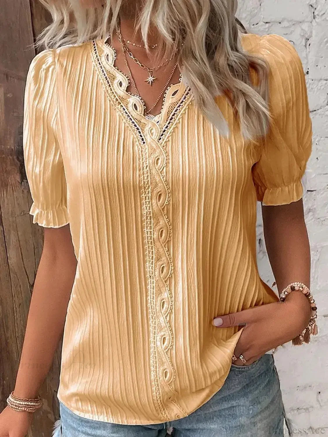 Solid Sexy V-neck Splice Short Sleeve Blouse Gold / S blouse-250126