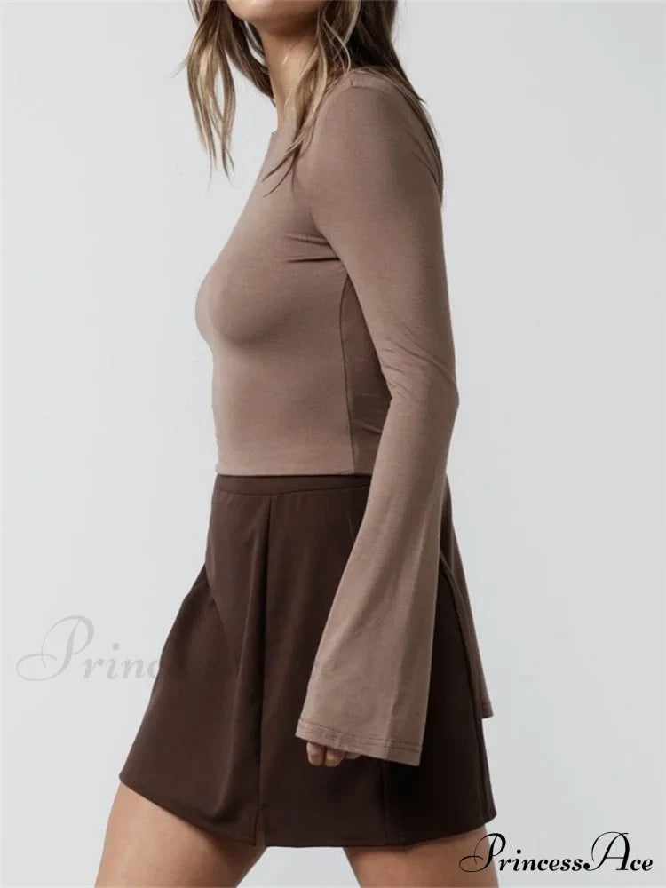 Solid Slim Fit Basic Backless Flare Sleeve T-Shirts