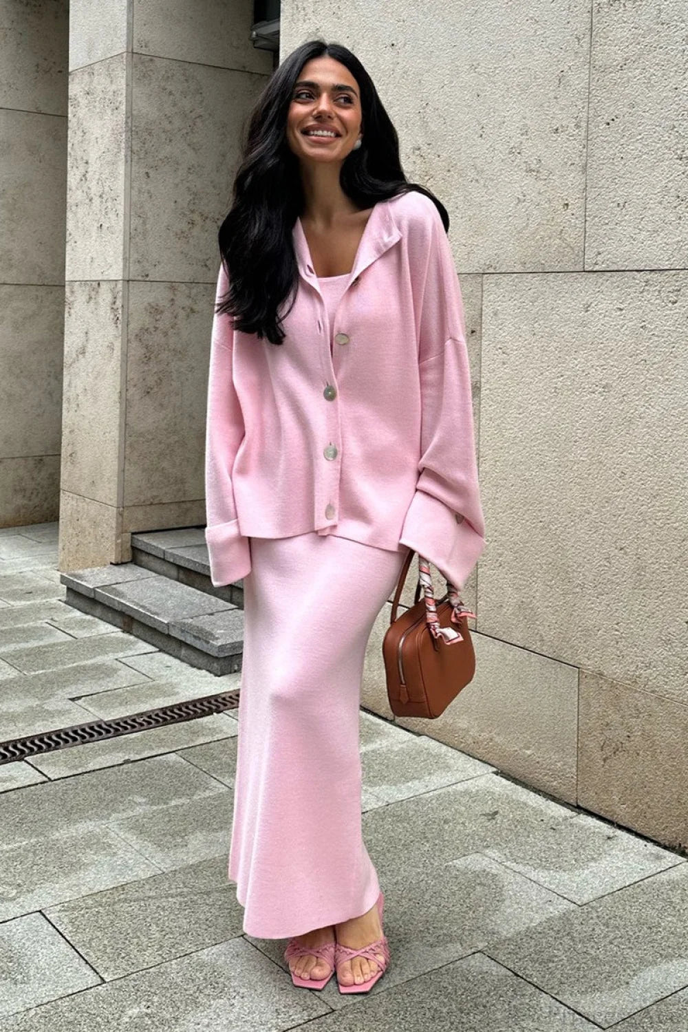 Solid Soft Minimalist Knit Cami Midi Skirt Three Piece Set