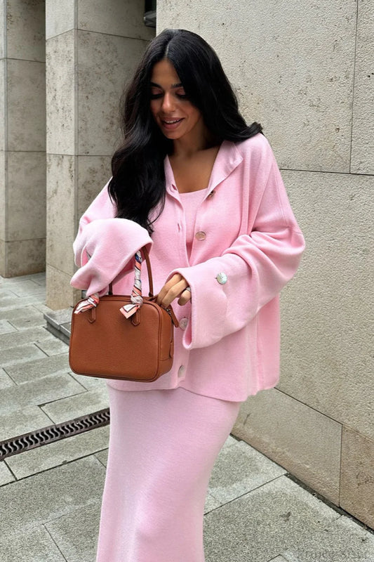 Solid Soft Minimalist Knit Cami Midi Skirt Three Piece Set Pink / S