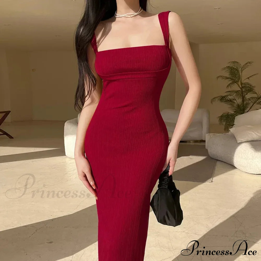 Solid Spaghetti Strap Backless Summer Casual Elegant Party Bodycon Dress Red / S