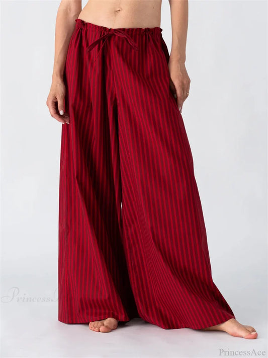 Solid/Striped Baggy Drawstring Casual Wide Pant RED / S pant-250223