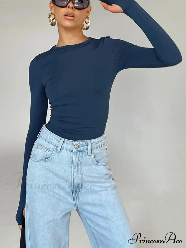 Women's solid color bottoming round neck T-shirt hot girl slimming long-sleeved top T-shirt Blue clothes long sleeve long sleeve shirt long sleeve shirts long sleeve top long sleeve tops shirts tops Tops/Blouses