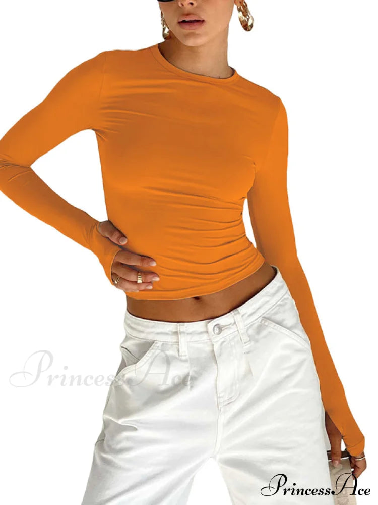 Women's solid color bottoming round neck T-shirt hot girl slimming long-sleeved top T-shirt Orange clothes long sleeve long sleeve shirt long sleeve shirts long sleeve top long sleeve tops shirts tops Tops/Blouses