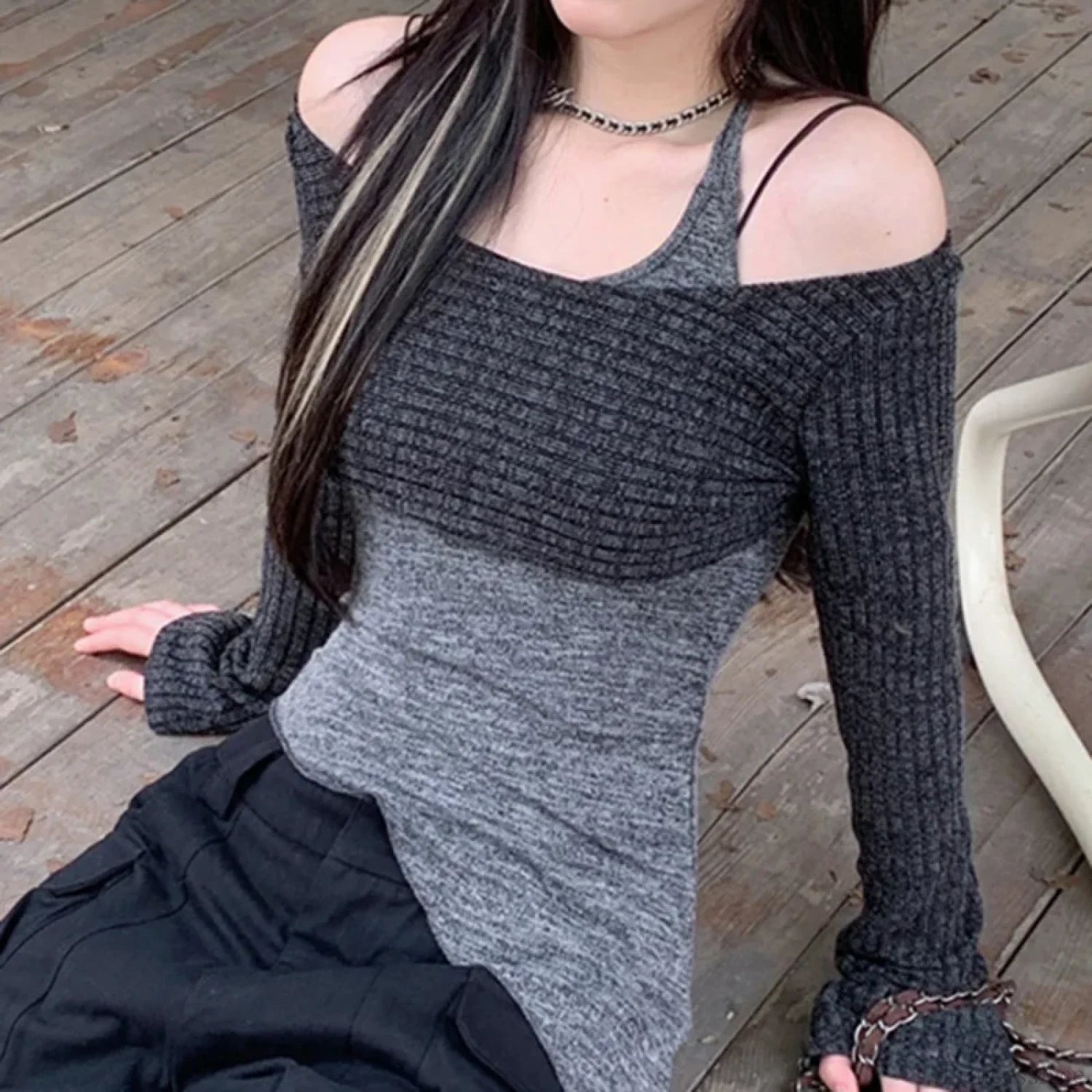 Solid Tank Tie-Up Halter Backless Long Sleeve Knit Top GRAY / One Size knittop-250126