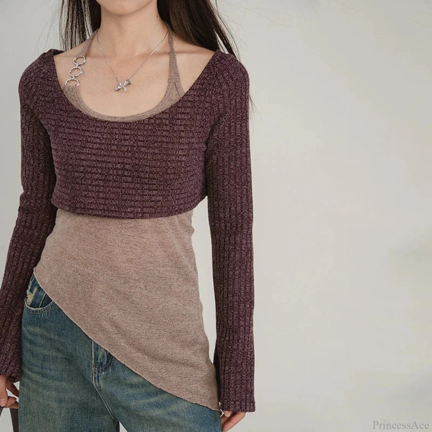 Solid Tank Tie-Up Halter Backless Long Sleeve Knit Top knittop-250126