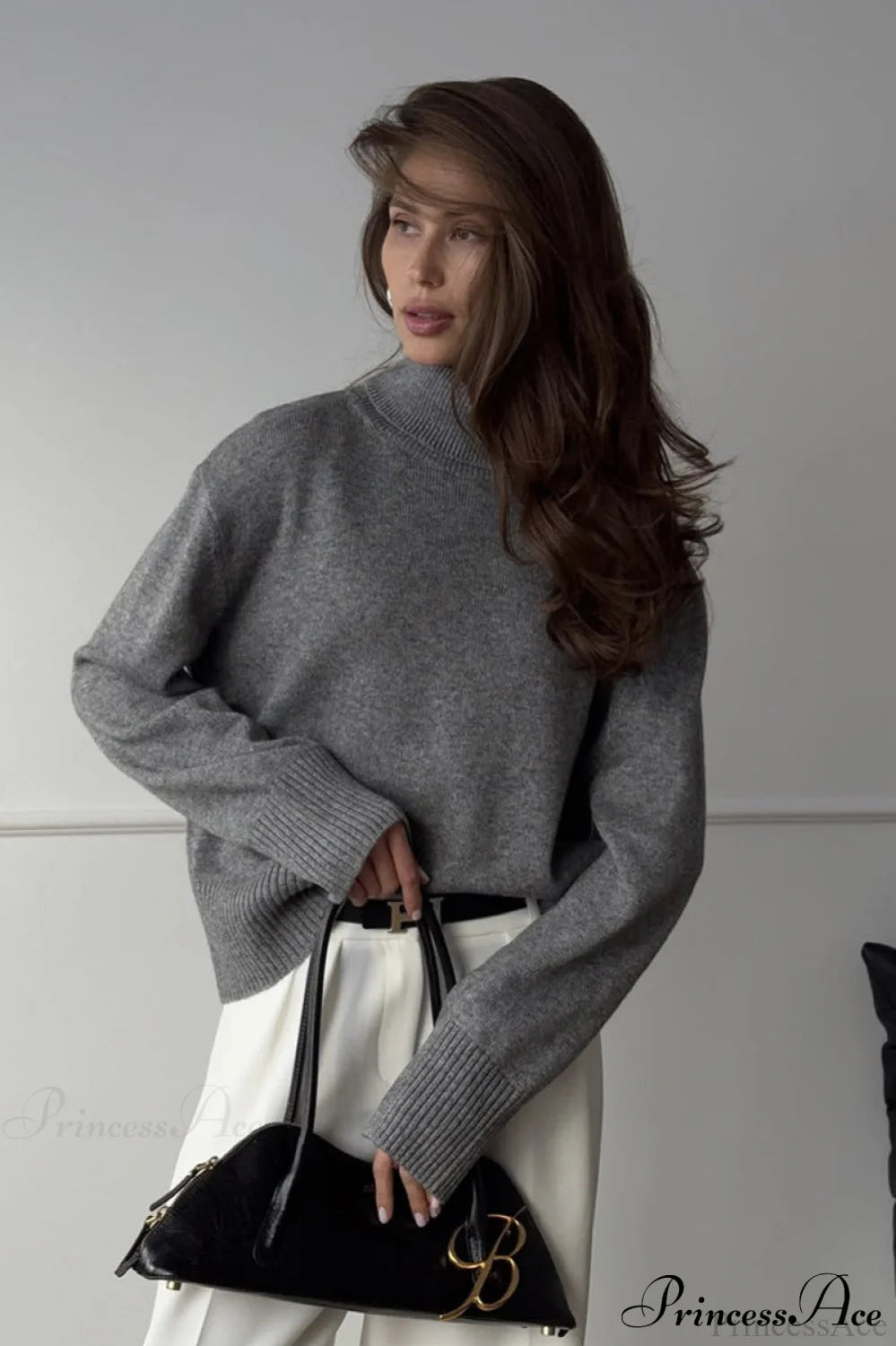 Solid Thick Short Turtleneck Loose Sweater Grey / M