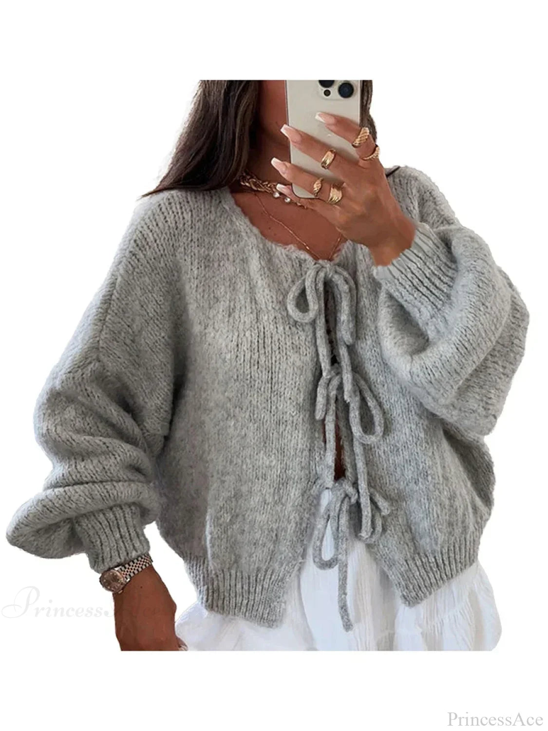 Solid Tie Front Round Neck Loose Cardigan Light Grey / S