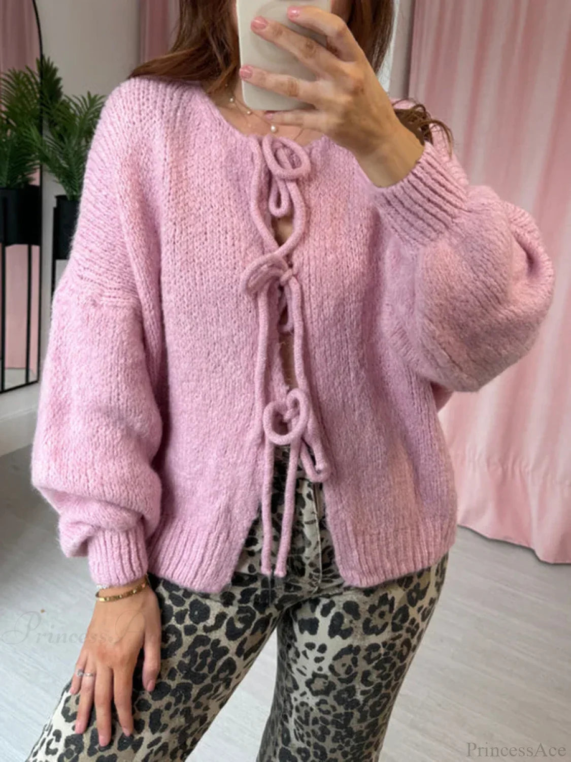 Solid Tie Front Round Neck Loose Cardigan Pink / S