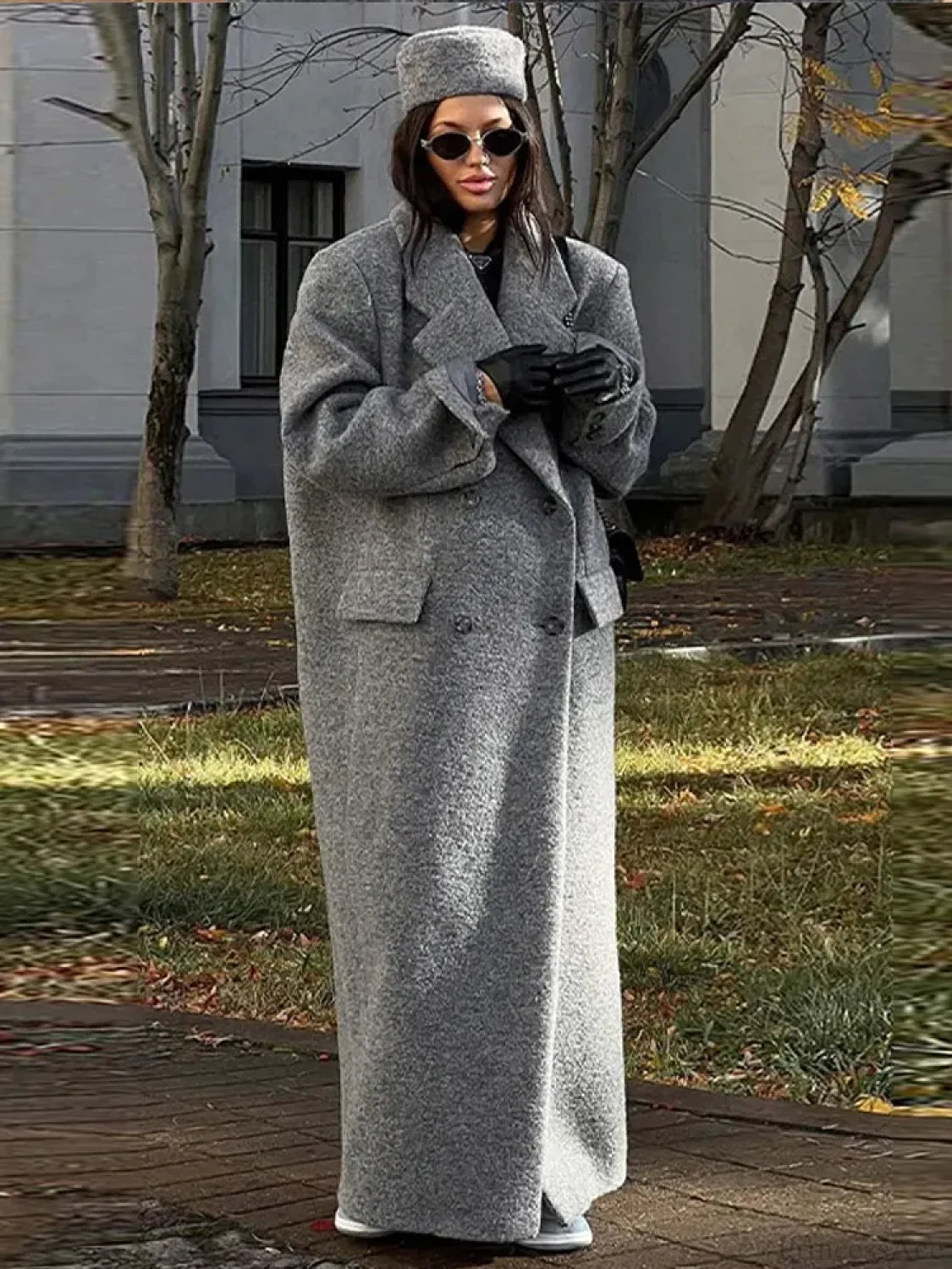 Solid Turn-Down Collar Loose Overcoat GREY / S