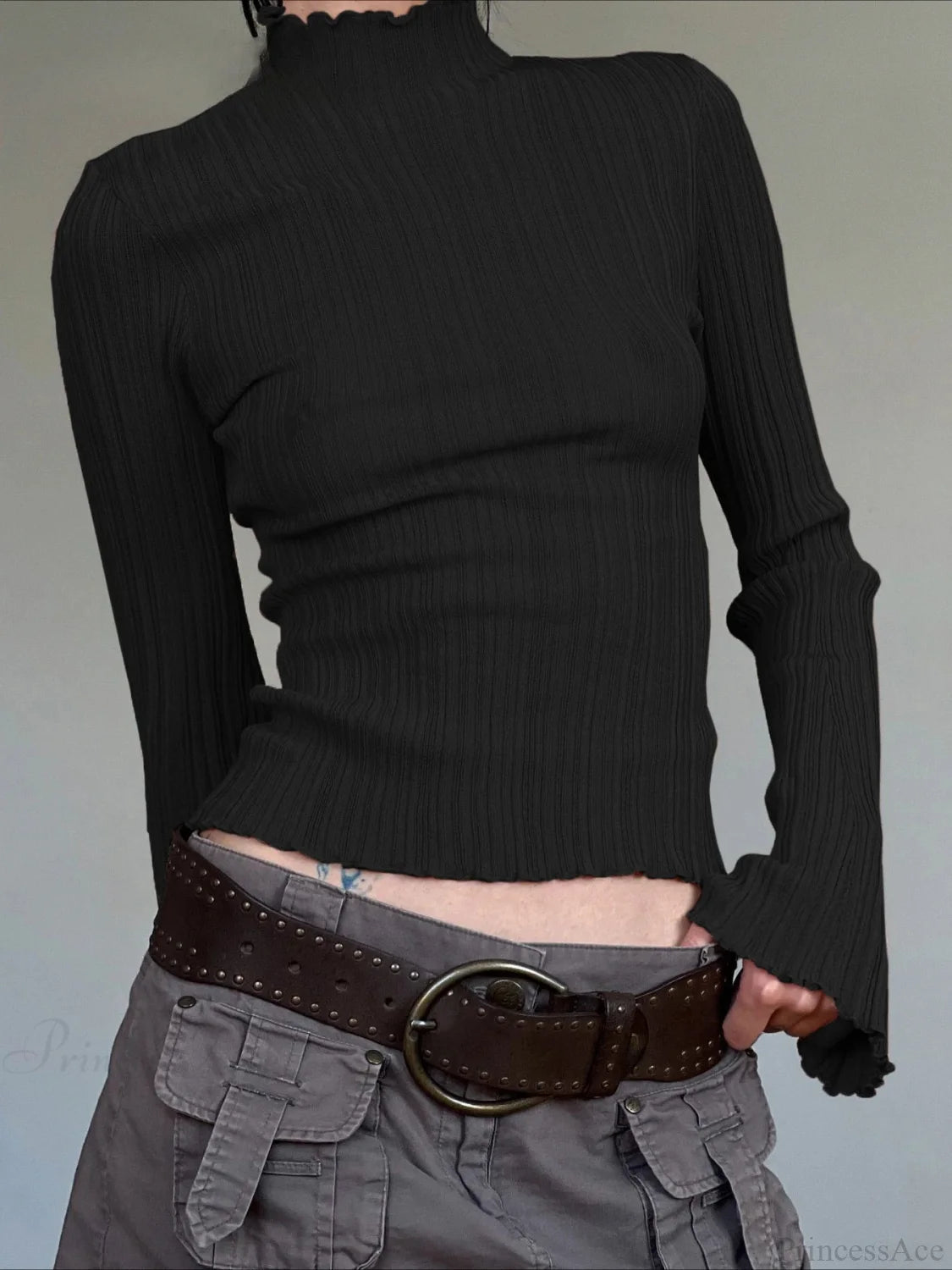 Solid Turtleneck Slim Flare Sleeve Long Sleeve Knit Top Black / S knittop-250126