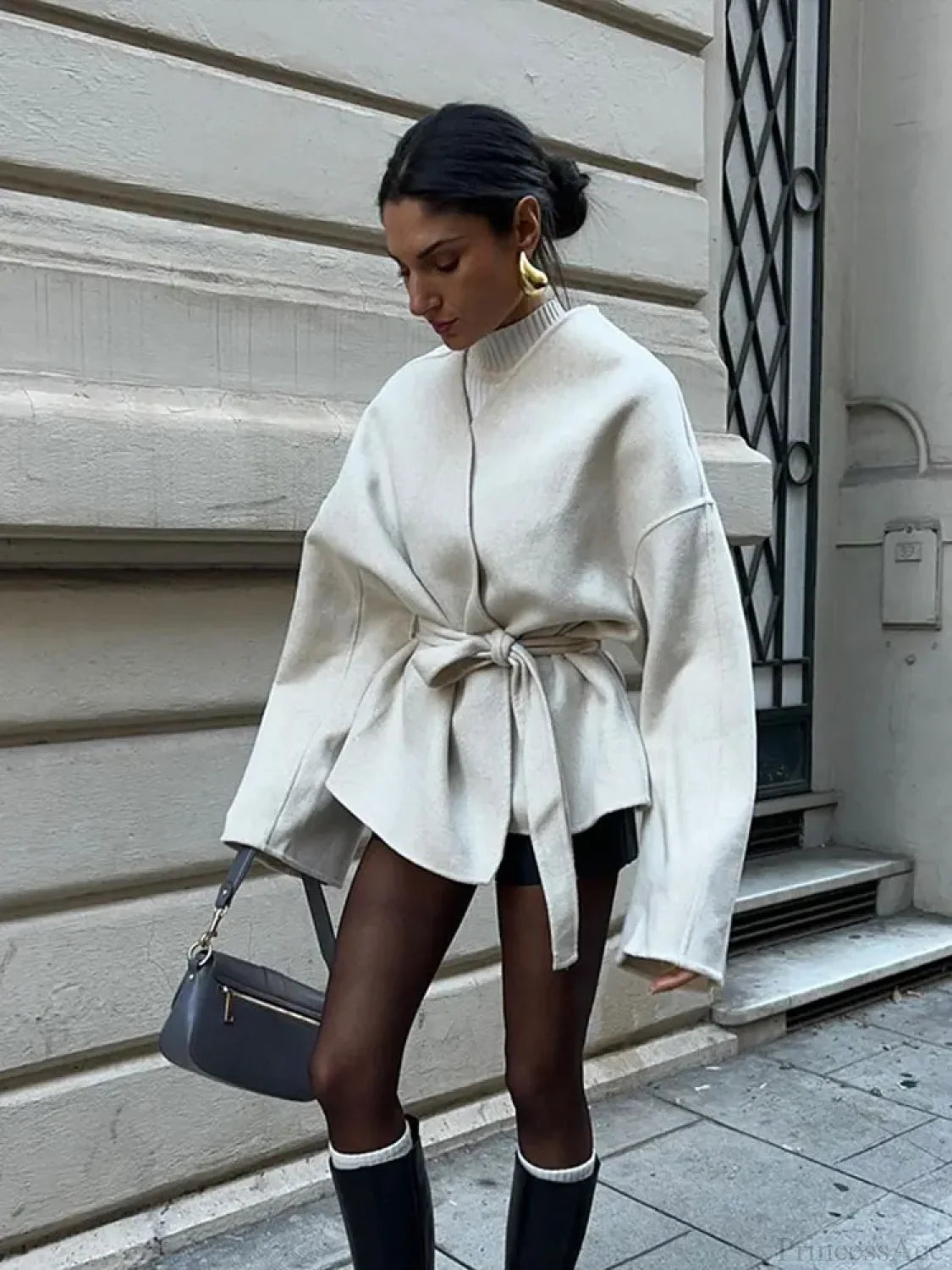 Solid V-neck Lace-up Coat