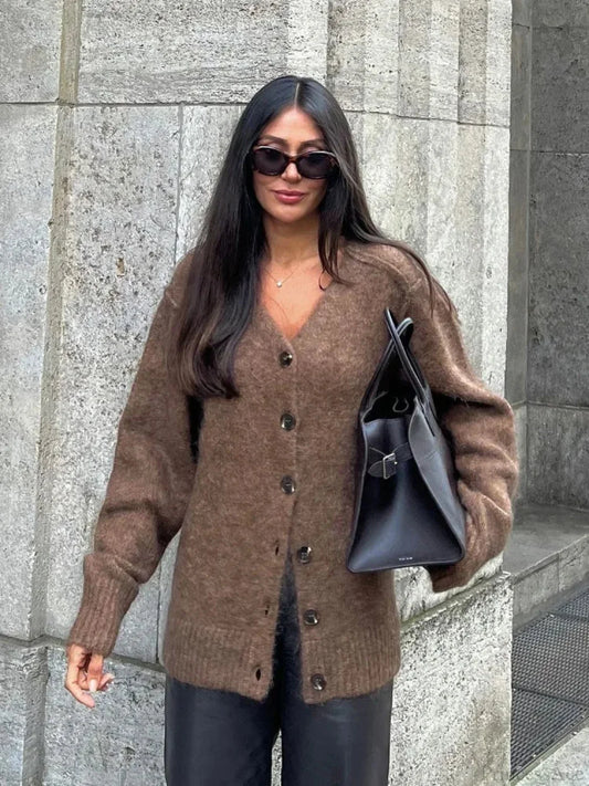 Solid V-neck Mohair Loose Cardigan