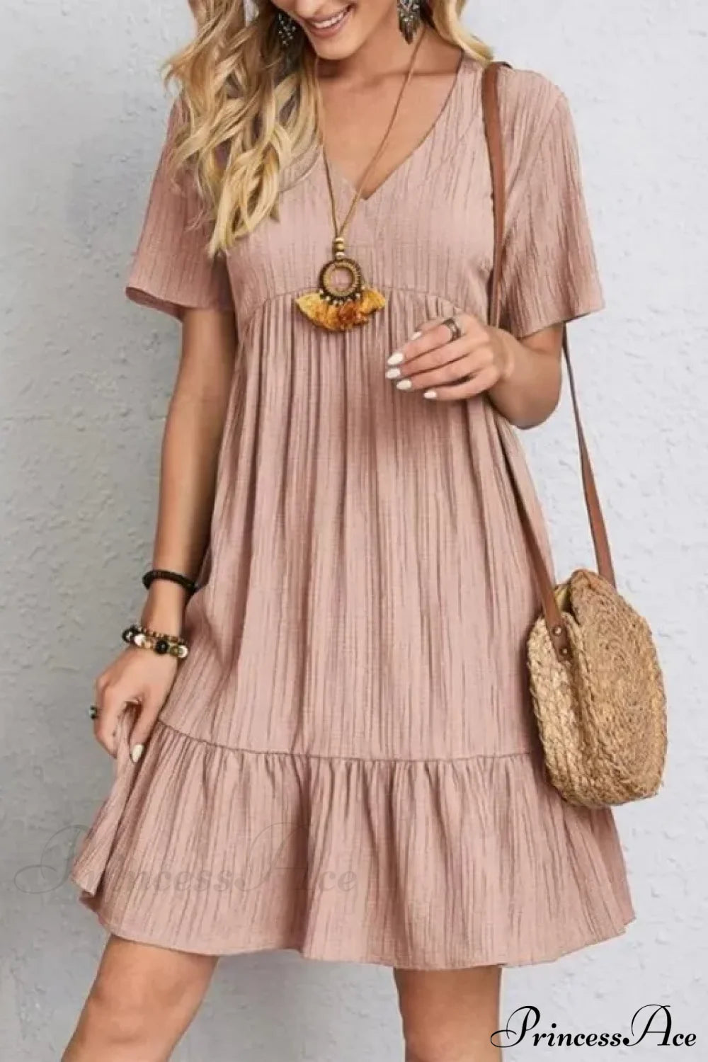 Solid V-Neck Short Sleeve Ruffles Boho Dress