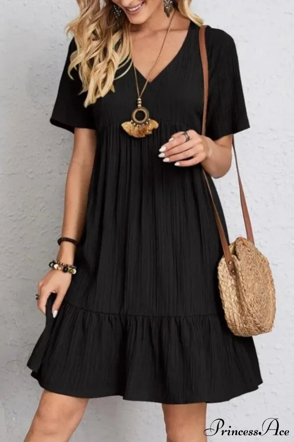 Solid V-Neck Short Sleeve Ruffles Boho Dress