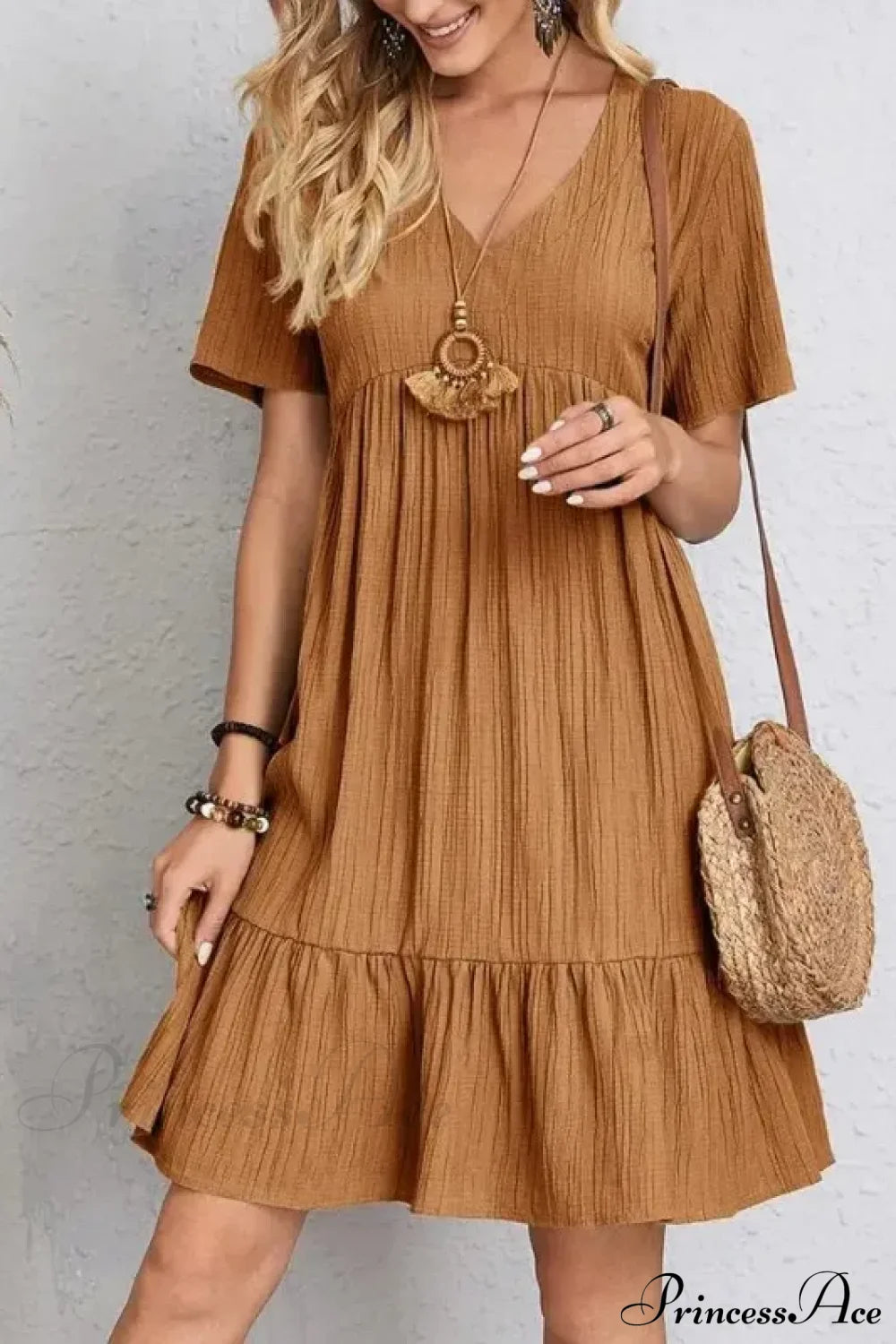 Solid V-Neck Short Sleeve Ruffles Boho Dress